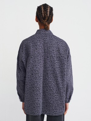 50748 Oversize Leopar Denim Gömlek-Gri