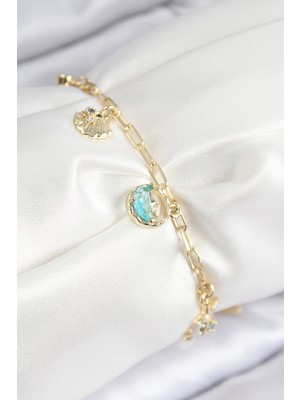 Pirinç Zirkon Taşlı Istiridye Model Gold Renk Kadın Bileklik - TJ-BB7773