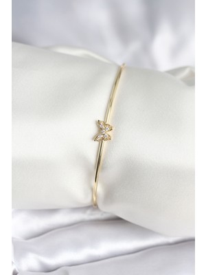 Kelebek Figürlü Zirkon Taşlı Gold Renk Pirinç Kadın Bileklik - TJ-BB8002