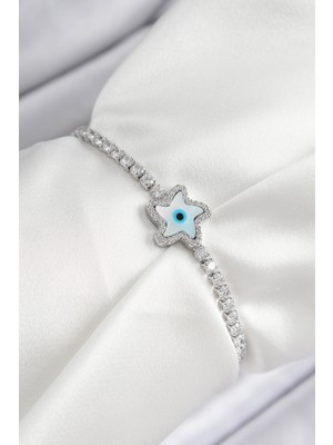 Pirinç Zirkon Taşlı Nazar Yıldız Model Gümüş Renk Asansörlü Kadın Bileklik - TJ-BB7469