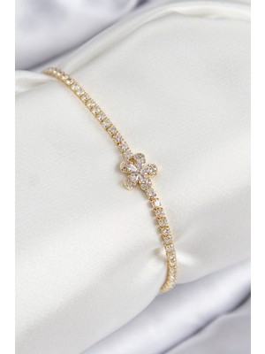 Pirinç Zirkon Taşlı Çiçek Model Gold Renk Kadın Bileklik - TJ-BB7709