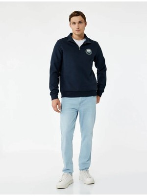Koton Şardonlu Baskılı Yarım Fermuarlı Lacivert Erkek Sweatshirt 6WAM70036MK