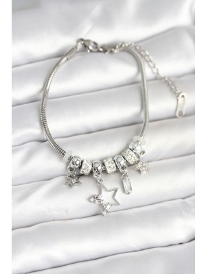 Pirinç Gümüş Renk Yıldız Charmlı Kadın Bileklik - TJ-BB7994