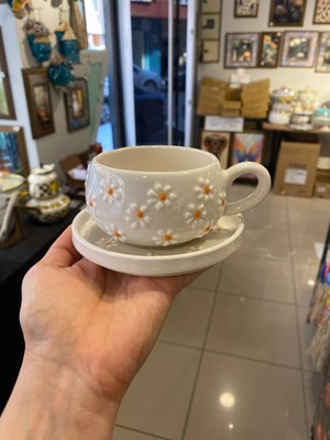 El Yapımı Papatya Desenli Seramik Kupa ve Tabak Takımı - Tek Kişilik