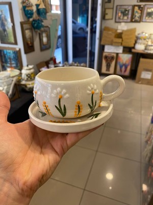 El Yapımı Dal Papatya Desenli Seramik Kupa ve Tabak Takımı - Tek Kişilik