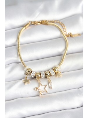 Pirinç Gold Renk Yıldız Charmlı Kadın Bileklik - TJ-BB7993