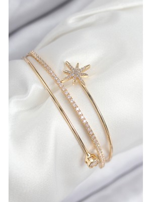 Pirinç Zirkon Taşlı Kutup Yıldızı Model Gold Renk Kadın Bileklik - TJ-BB7887