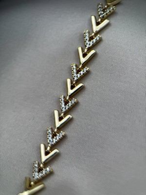 Kadın Gold Renk V Model Taşlı 17+2CM Ayarlanabilir Çelik Bileklik