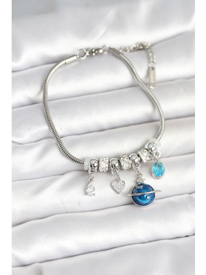 Pirinç Gümüş Renk Dünya Charmlı Kadın Bileklik - TJ-BB7988