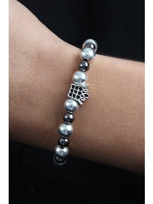 Doğal Taş Kral Tacı Model Gümüş ve Füme Renk Asansörlü Erkek Bileklik - TJ-EB3757