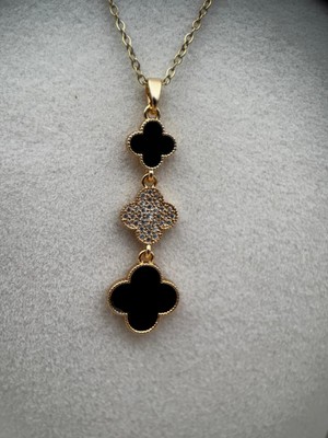 Gümüş Siyah Renk Yonca ve Taş Detaylı 40+5CM Kararmaz Çelik Kolye