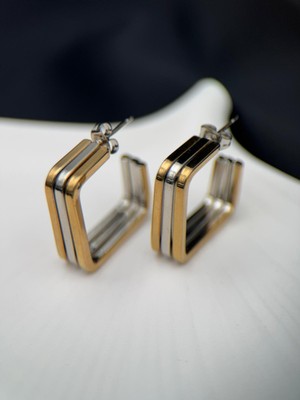 Gold & Silver Renk Kare Form Kararmaz Çelik Küpe