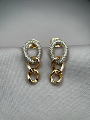 Gold Renk Kararmaz Çelik Taşlı Zincir Halkalı Kadın Küpe