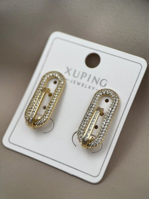 Oval köşeli Dikdörtgen Tasarım Taşlı Gold Küpe