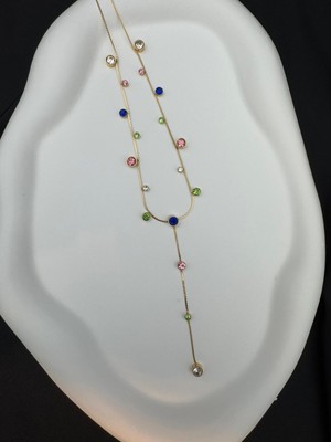 Renkli Taşlı Gold Kararmaz Çelik Kolye 40+5CM Ayarlanabilir