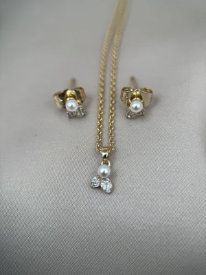 Gold Renk İnci ve Taş Detaylı Ayarlanabilir Kolye Küpe Takımı