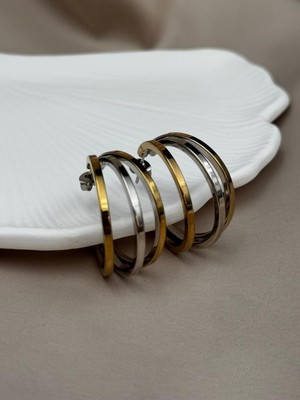 Çelik Kararmaz Gold & Silver Renkli Üçlü Halka Kadın Küpe