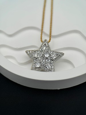 Gümüş Yıldız Motifli Taş Detaylı Gold 40+5CM Ayarlanabilir Kararmaz Çelik Kolye