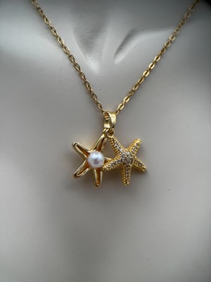 Çelik Gold Renk İnci Detaylı İkili Deniz Yıldızı 40+5CM Ayarlanabilir Kolye