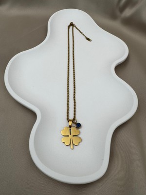 Gold Renk Dört Yapraklı Yonca ve Nazar Boncuklu 39+5CM Kararmaz Çelik Kolye