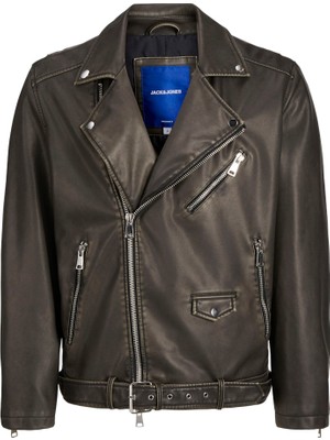 Jack & Jones Siyah Deri Ceket Erkek M Regular Fit Fermuarlı Günlük Kullanım İçin