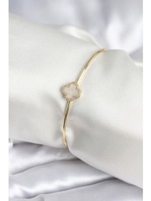 Beyaz Sedefli Yonca Model Gold Renk Kadın Bileklik - PRT3500EB09148