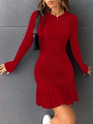 Kadın Bisiklet Yaka Uzun Kol Etek Ucu Fırfırlı Triko (Polyenit) Mini Boy Elbise