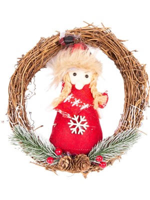 Yılbaşı Süsü Çelenk Kardan Kadın Figürlü Kırmızı 20X20 Cm.