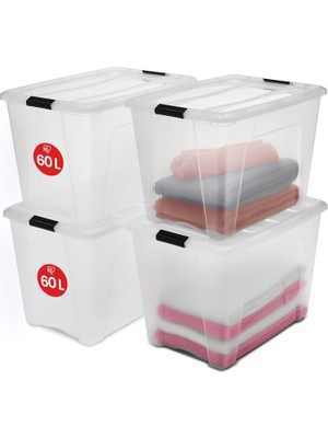 Ohyama Kapaklı Saklama Kutuları, 60L, 4'lü Set, Şeffaf, Güvenli Tokalar, Istiflenebilir, Çekme Kulpları, Yatak Odası, Dolap, Ofis, Organizasyon Için, Bpa Içermeyen Plastik, Giysi Çantası, Ntb-60