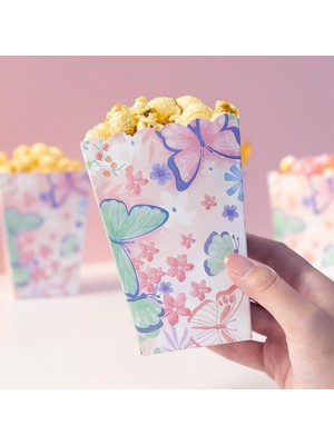 Kelebek Desenli Karton Popcorn Kutusu, 8 Adet, 11.5x8.5x6.5 Cm, Pembe Çiçek Desenli
