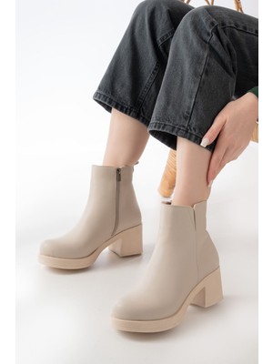 5109-3057 Bej Lastikli Fermuarlı Kalın Topuklu Günlük Kadın Bot