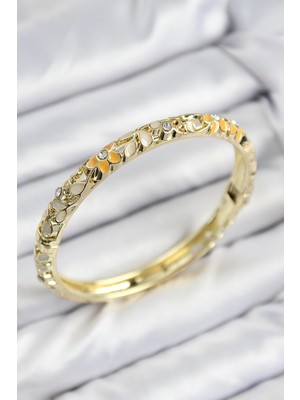 Mineli Pirinç Zirkon Taşlı Sarı Krem Çiçek Motifli Gold Kadın Kelepçe - TJ-BB7758