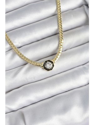 Pirinç Gold Renk Zirkon Taşlı Kadın Kolye - TJ-BKO10601