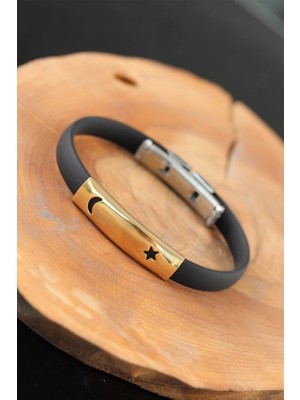 Gold Renk Metal Ay Yıldız Tasarım Siyah Renk Silikon Erkek Bileklik - TJ-EB2518-KS