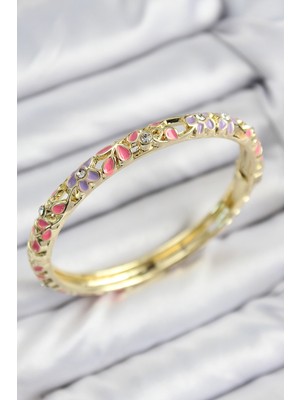 Mineli Pirinç Zirkon Taşlı Pembe Mor Çiçek Motifli Gold Kadın Kelepçe - TJ-BB7757