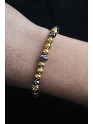 Doğal Taş Çember Model Gold ve Füme Renk Asansörlü Erkek Bileklik - TJ-EB3761