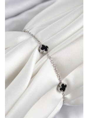 316L Çelik Siyah Sedef Yonca Model Gümüş Renk Kadın Bileklik - TJ-BB7360