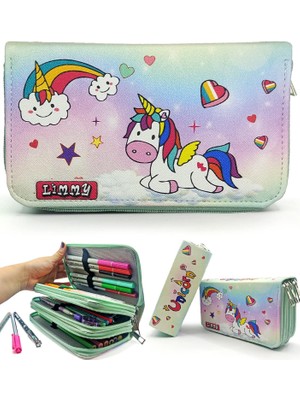 Unicorn Şeker Temalı Kalemkutu Modelist Kalem Kutusu Vegan Deri Üç Bölmeli Kalemlik
