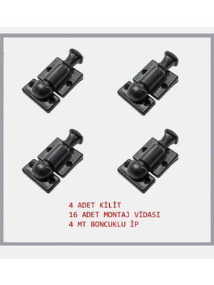 Cam Balkon Kilidi 4 Adet Kilit 4 Metre Siyah Boncuk Ip ve Montaj Vidası