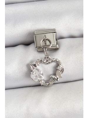 316L Çelik Sallantılı Zirkon Taşlı Kalp Model Gümüş Renk Nomination Charm - TJ-BC1455