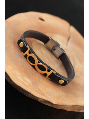 Gold Renk Sonsuzluklu Metal Aksesuarlı Siyah Deri Erkek Bileklik - TJ-EB2544-KS