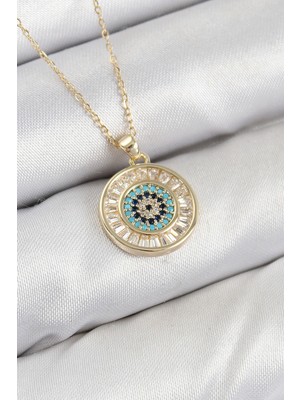 Pirinç Zirkon Taşlı Su Yolu Nazar Model Gold Renk Kadın Kolye - TJ-BKO10428