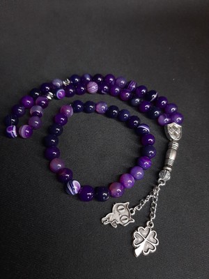 Mryart Mor Renk Akik Taşı Tesbih ve Bileklik Set