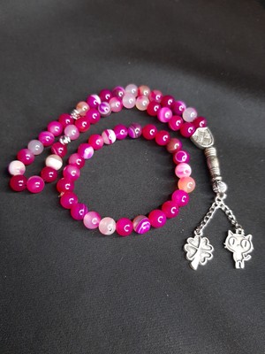 Mryart Pembe Doğal Akik Taşı Tesbih ve Bileklik Set