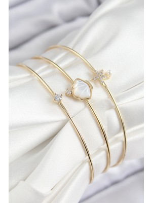 Pirinç Zirkon Taşlı Istiridye ve Deniz Yıldızı Model Gold Renk Vip 3'lü Kadın Bileklik - TJ-BB7335