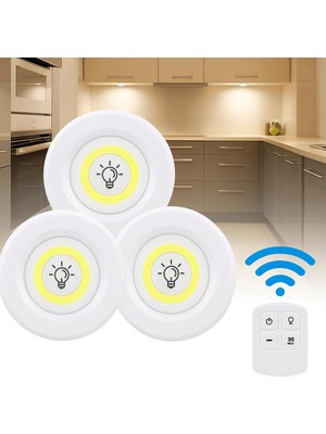 3’lü Kablosuz LED Spot Işık Seti – Uzaktan Kumandalı, Yapışkan Bantlı, Pilli, 3W Cob Led, 150 Lümen, 2 Parlaklık Seviyesi, Zamanlayıcılı Dolap Tezgah Banyo Aydınlatmas