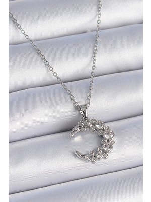 316L Çelik Zincir Gümüş Renk Zirkon Taşlı Hilal Model Kadın Kolye - TJ-BKO9355