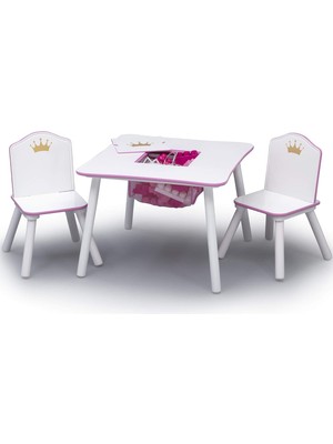 Children Prenses Taç Çocuk Ahşap Masa ve Saklamalı Sandalye Takımı - Greenguard Gold Sertifikalı, Beyaz/pembe