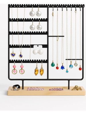 Takı Organizeri, Takı Standı Metal Stand ve Ahşap Taban, 35X30X9.5 Cm, Küpe Kolye Yüzük Düzenleyici, Siyah