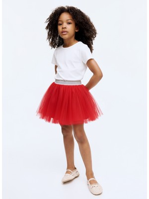 Kız Çocuk Kırmızı Tül Etek – Parıltılı Bel Detaylı Pamuklu Astarlı